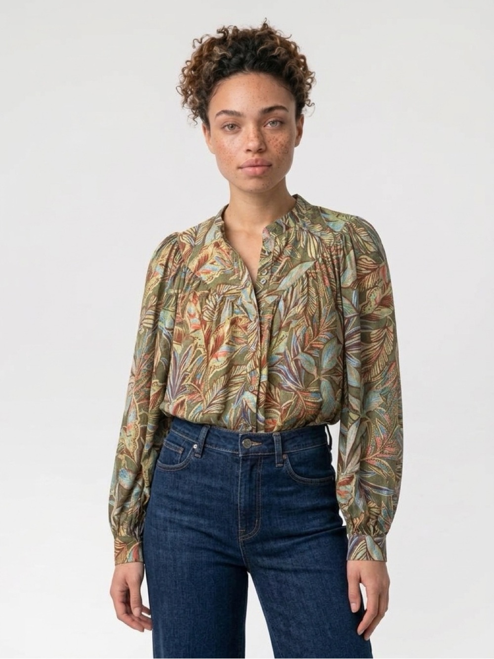 Vince Camuto Olive Green Multi-Leaf Print Long Sleeve Blouse
